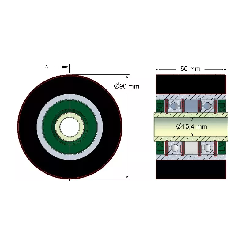 Roller no. 197 – steel and rubber carrier roller Ø90 mm | made by KiJ